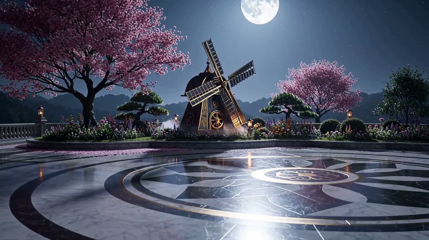 粉色盆景花园中的蒸汽风车
