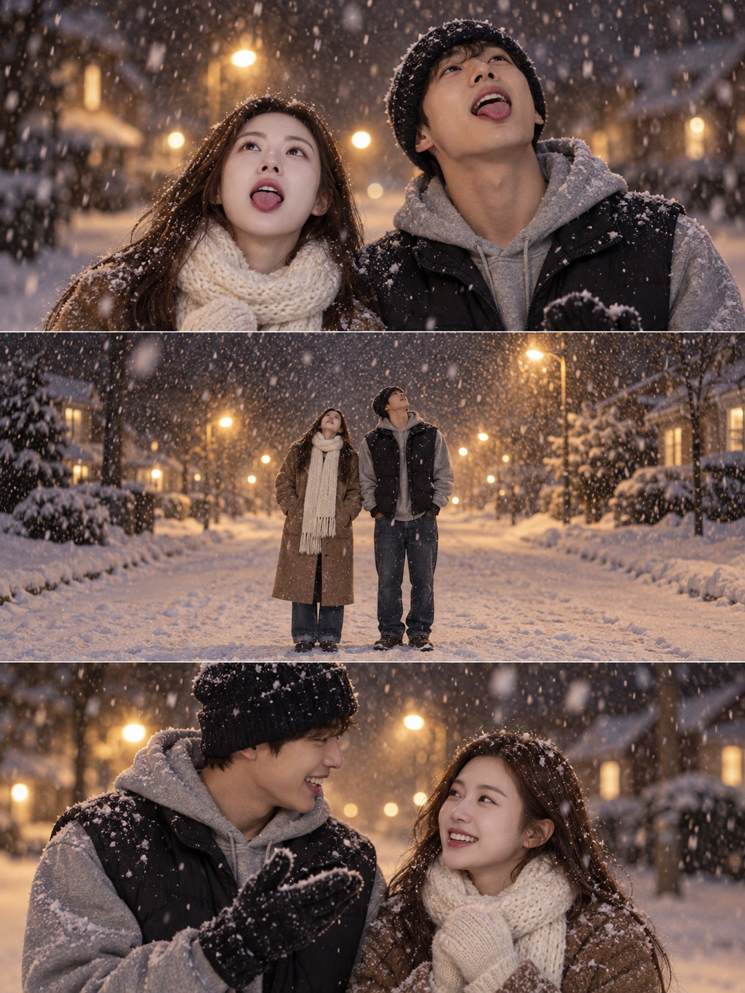 雪夜街灯下情侣嬉雪电影感三联画 — AI image creation