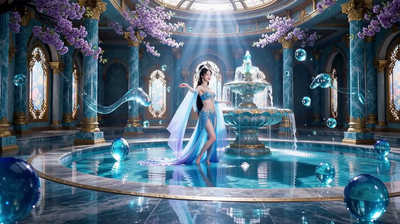 Danseuse de la cité d'eau fantastique en robe azur — AI video creation