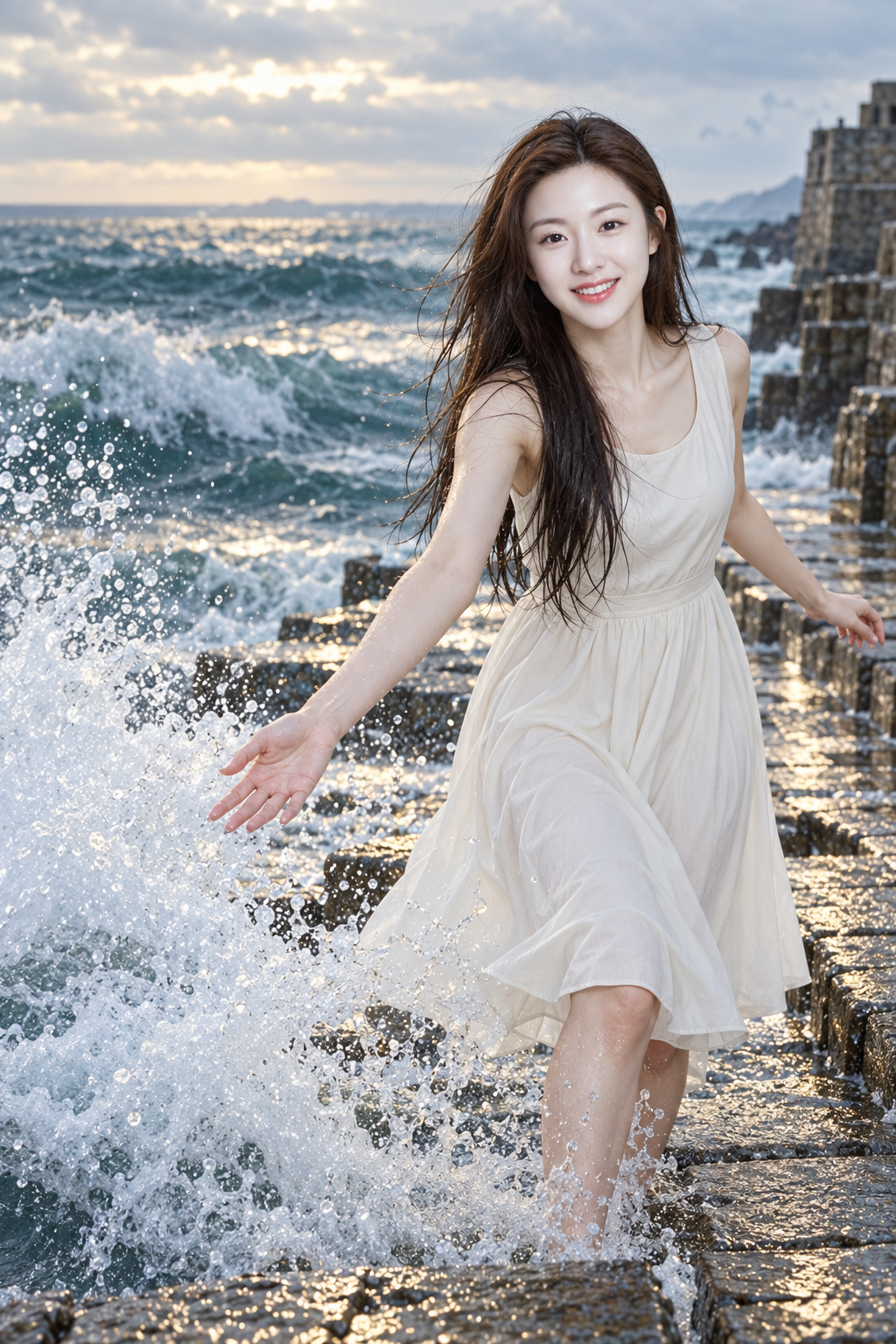 Portrait of a Woman in a White Dress Amid Stormy Waves