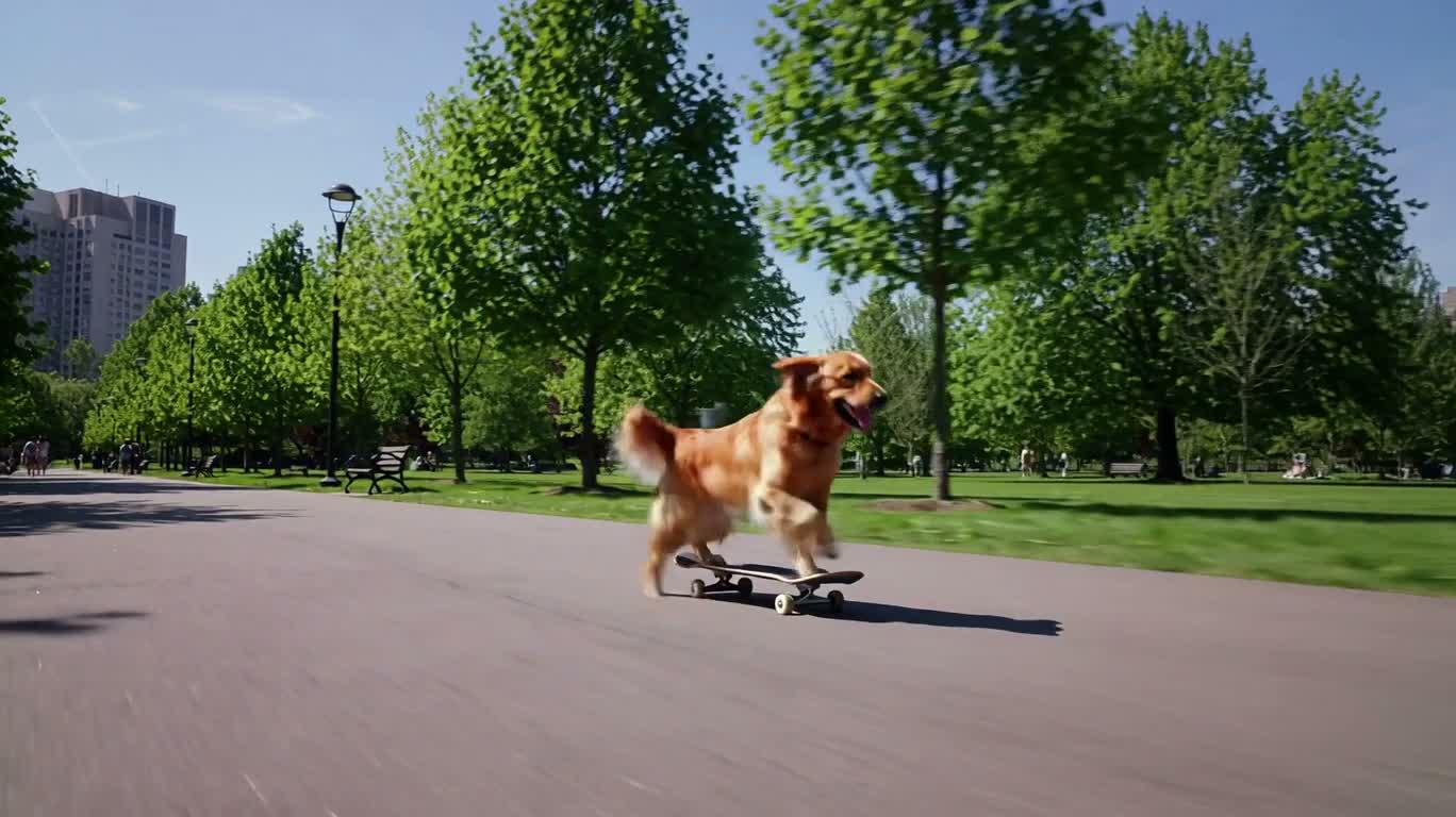 Golden Retriever Skateboarding in Sunny Park