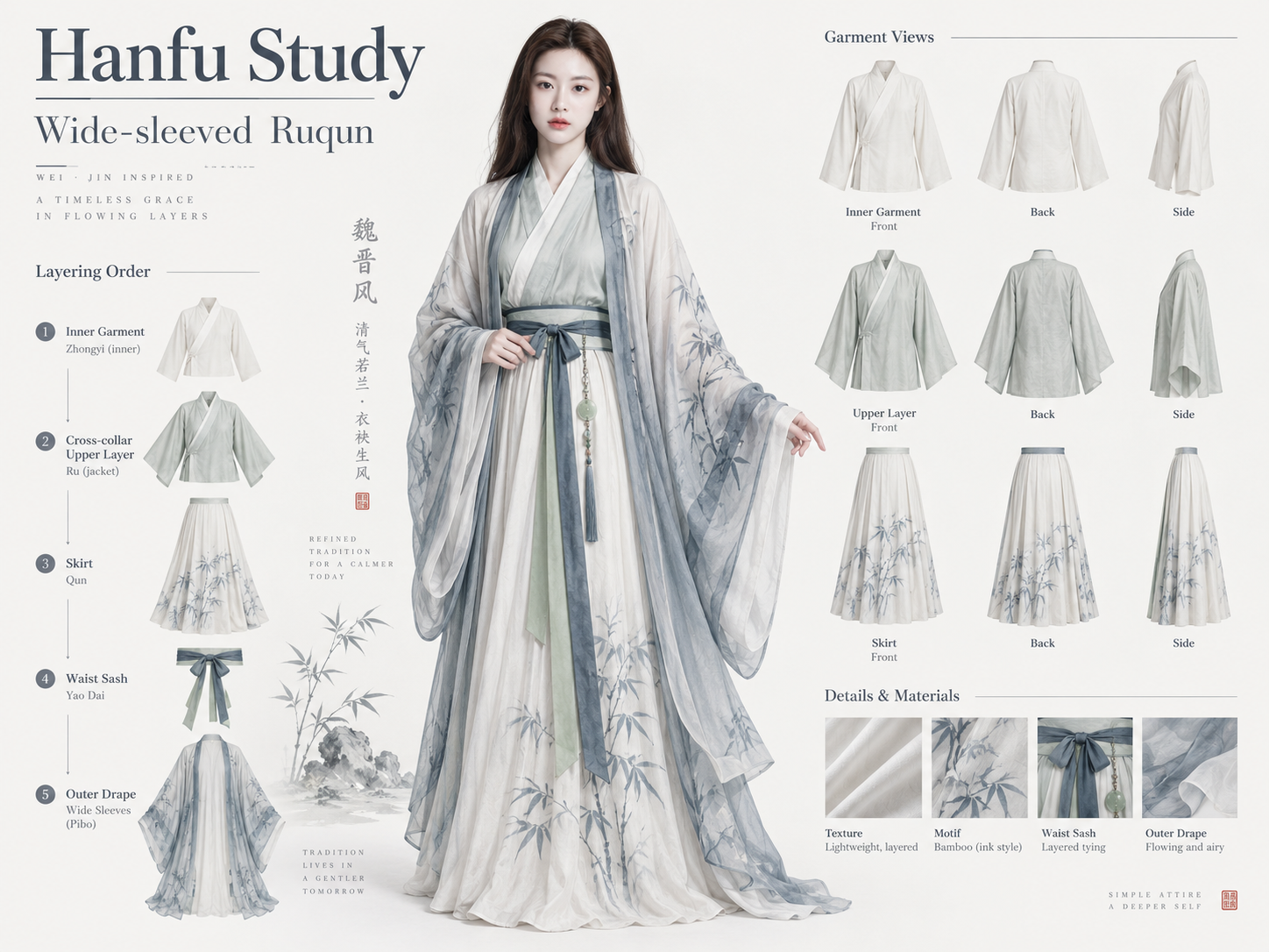 魏晋风汉服穿着层次极简图鉴海报 — AI image creation