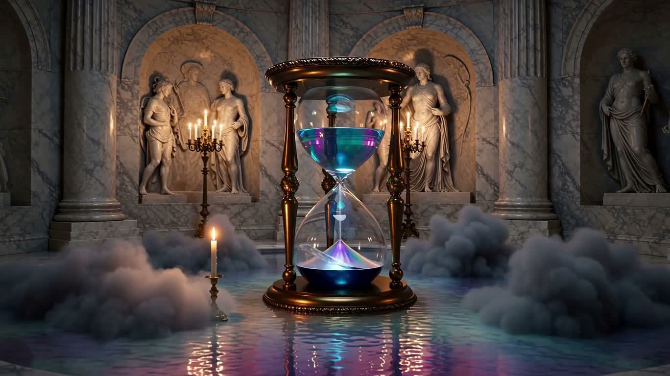 Đài phun thời gian óng ánh trong cõi mộng đá cẩm thạch — AI video creation