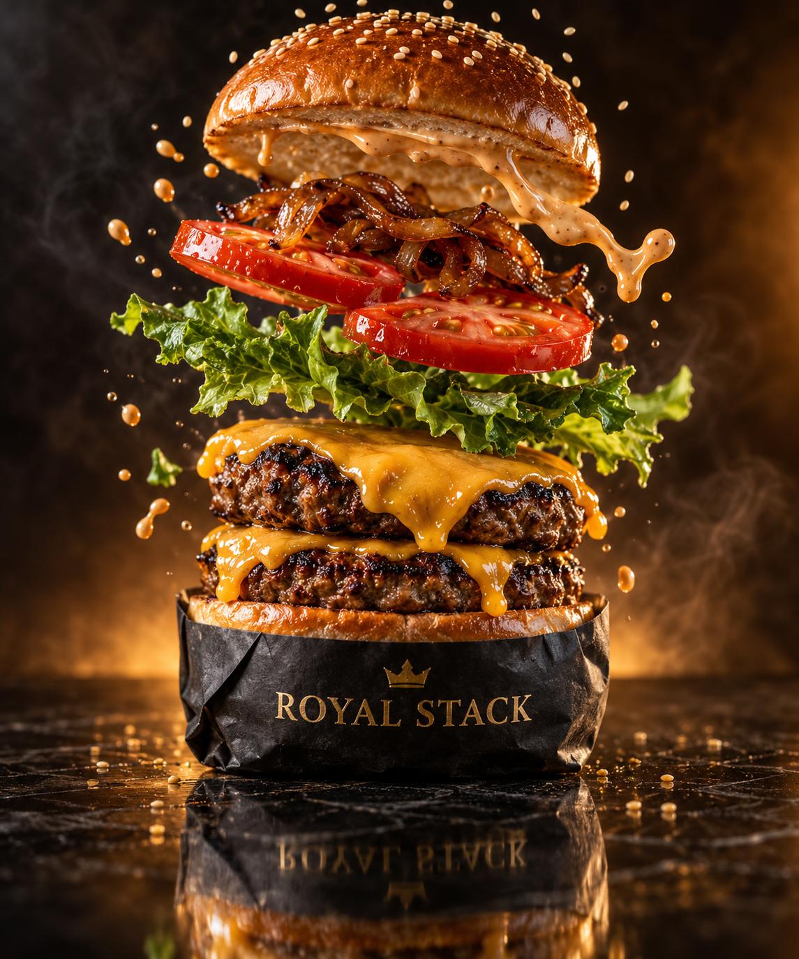 凌空爆发的皇家叠层汉堡美食广告 — AI image creation
