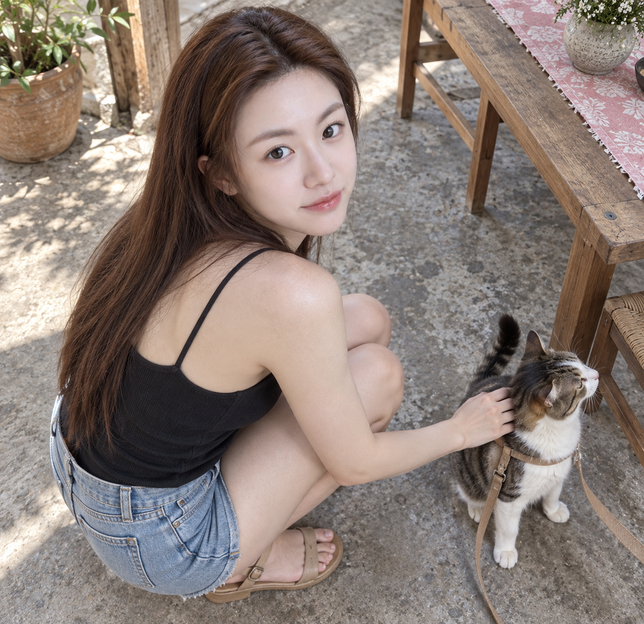 정원에서 주황 고양이를 돌아보는 성인 여성