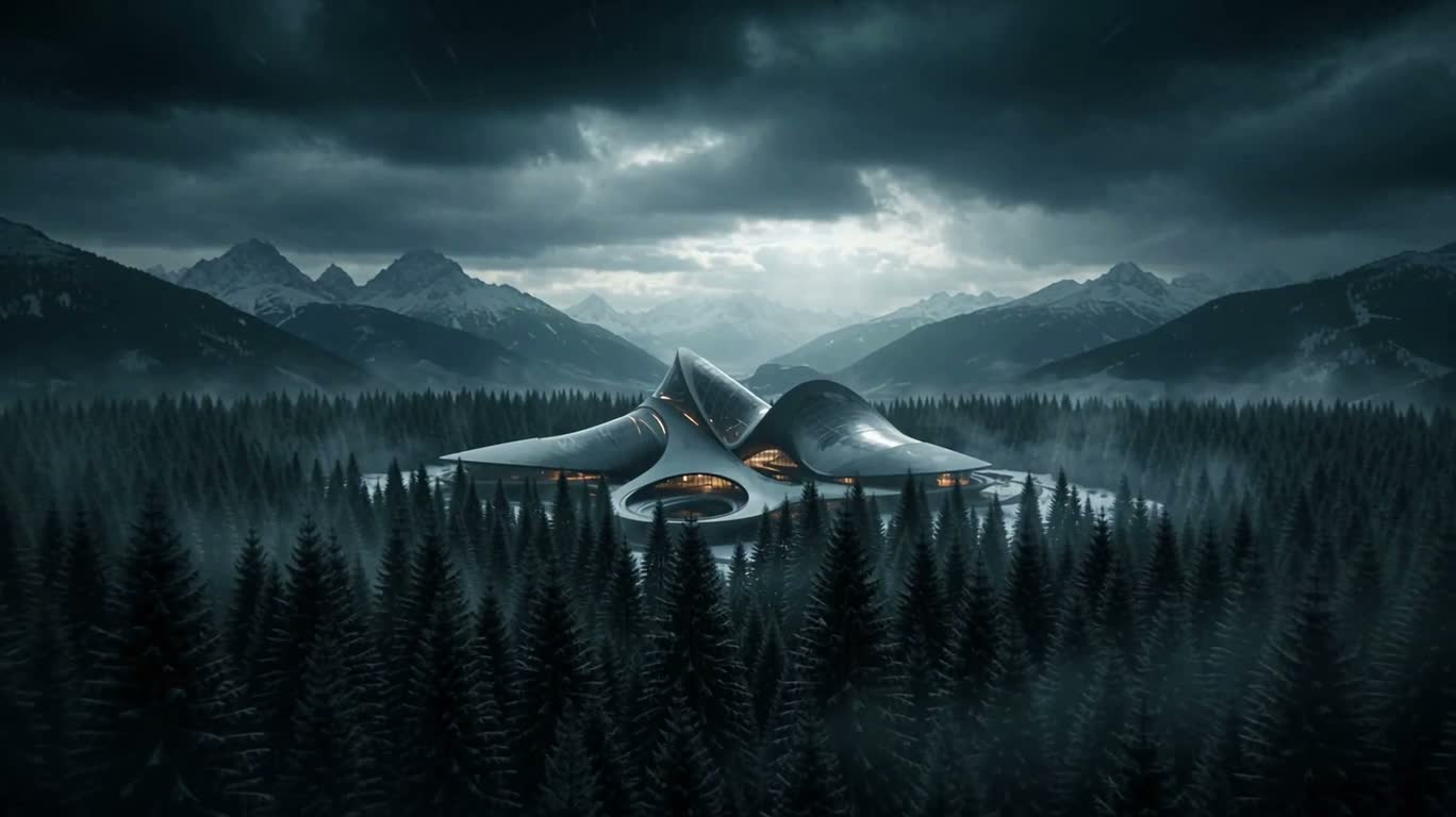 Futuristic Architecture in an Alpine Storm
