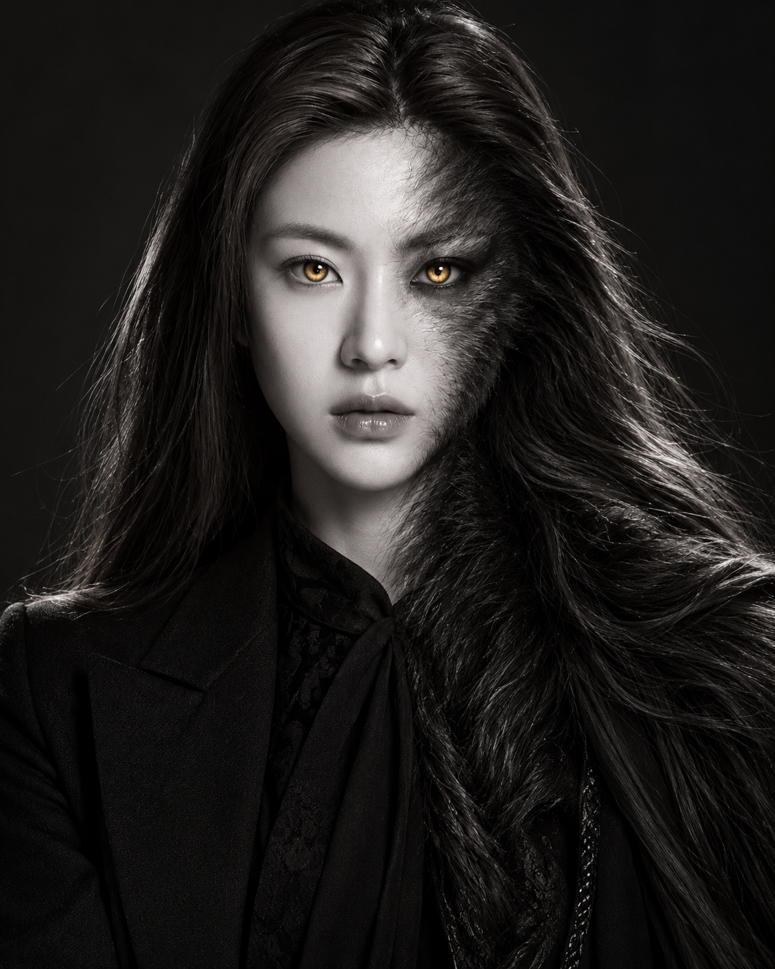 Sự hòa quyện siêu thực giữa nữ doanh nhân và succubus dưới ánh sáng đen trắng