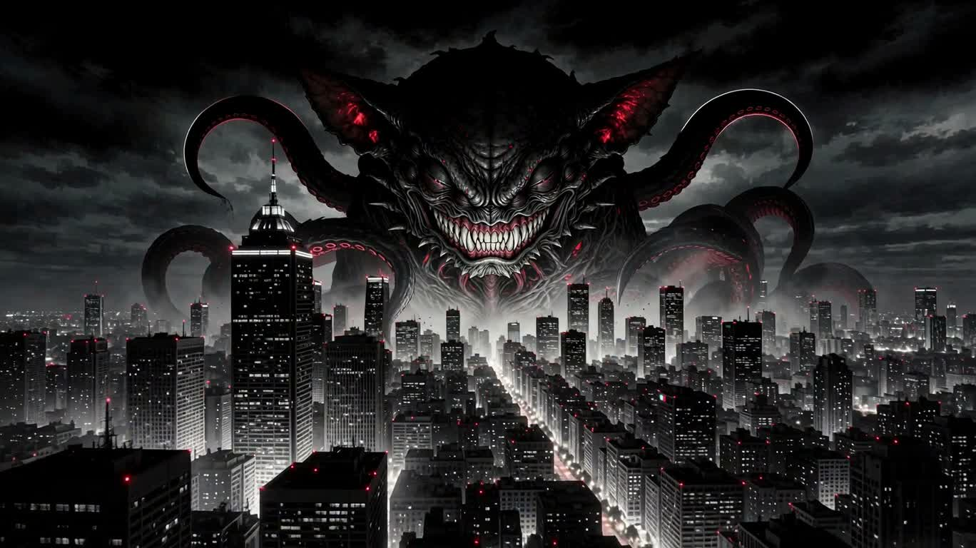 都市上空の多眼コーギー悪魔 — AI video creation