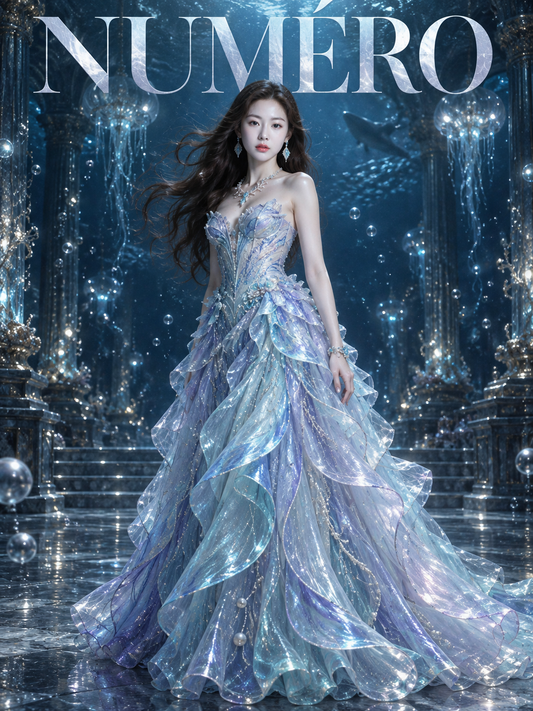 水下宴会厅中的生物发光水母礼服时尚封面 — AI image creation