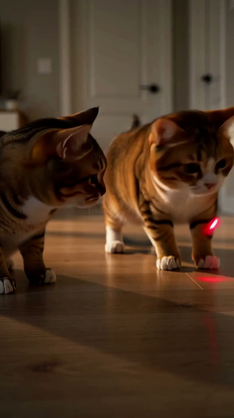 Trois chats poursuivant un point lumineux sur le mur — AI video creation