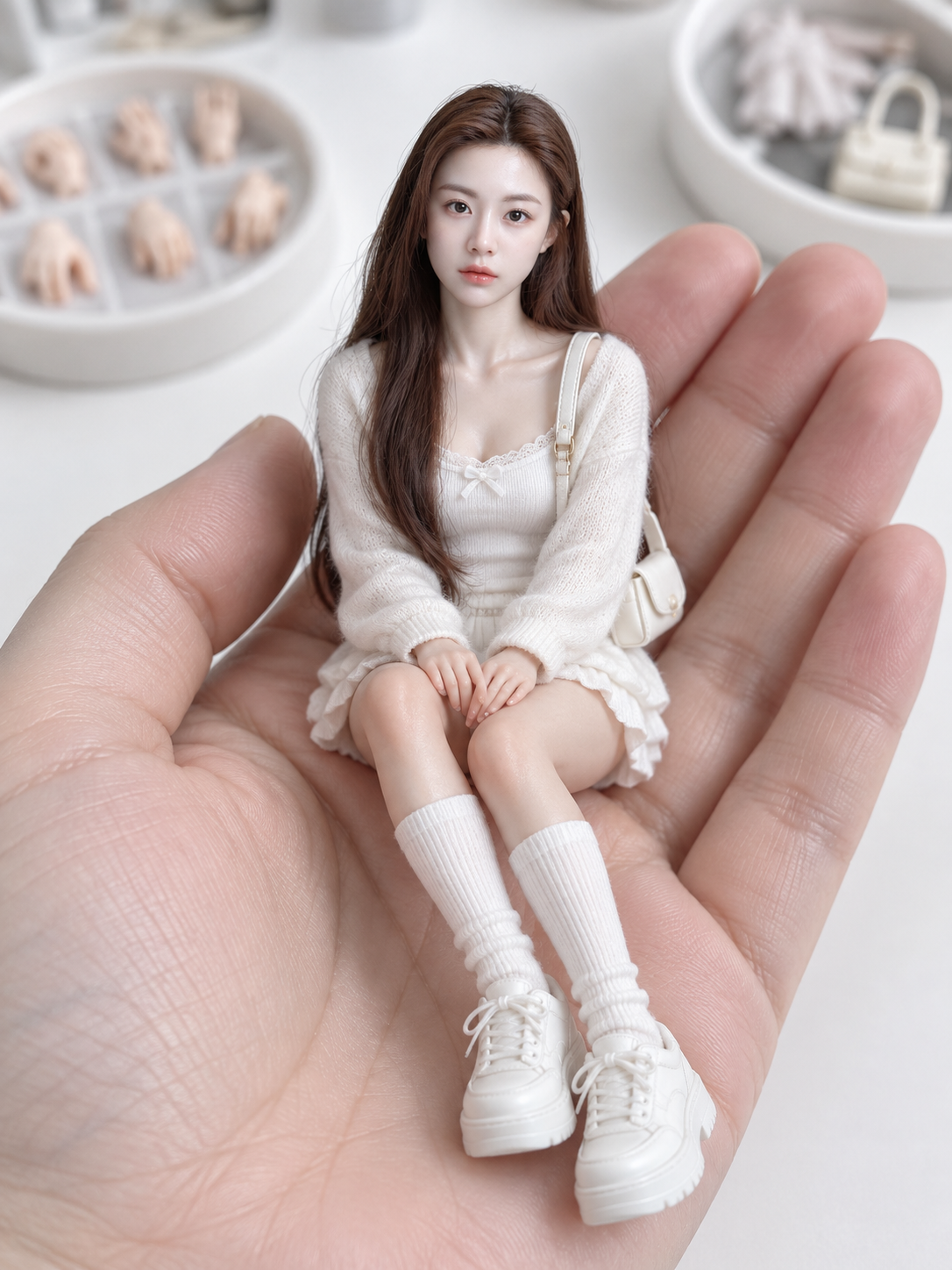 掌心中的写实微缩身份手办与白色收藏造型 — AI image creation