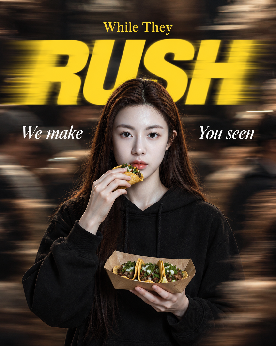 喧嚣急流中的静止塔可广告 — AI image creation