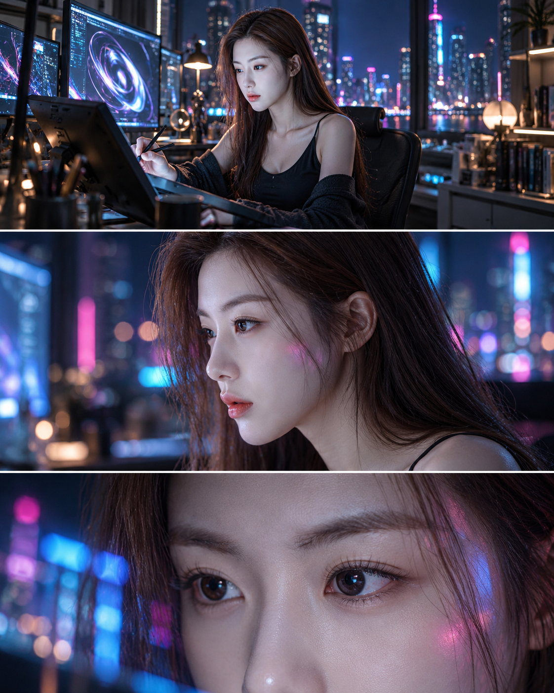 未来数字艺术工作室霓虹三联画成年肖像 — AI image creation