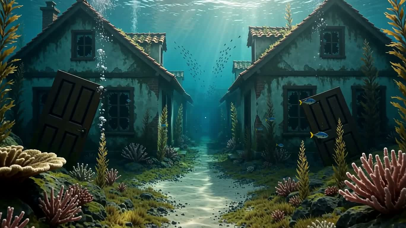 沉没屋群的奇幻水下世界 — AI video creation
