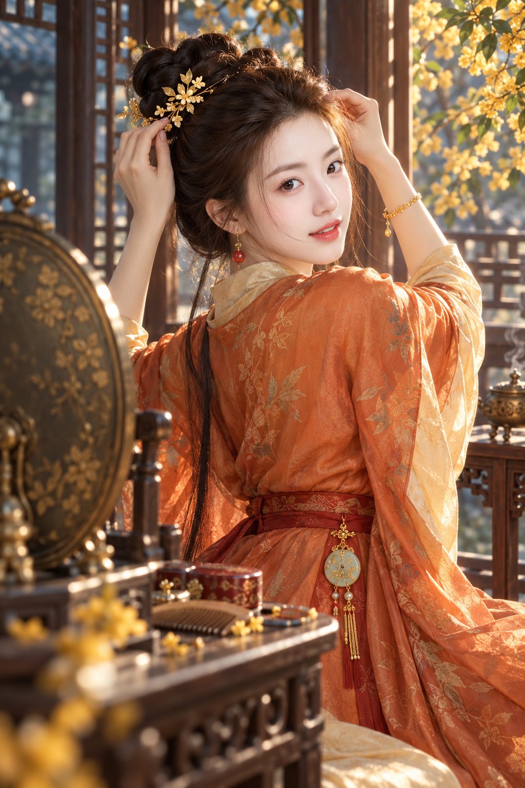秋日暖阁中对镜试簪的20岁东亚女性回眸肖像