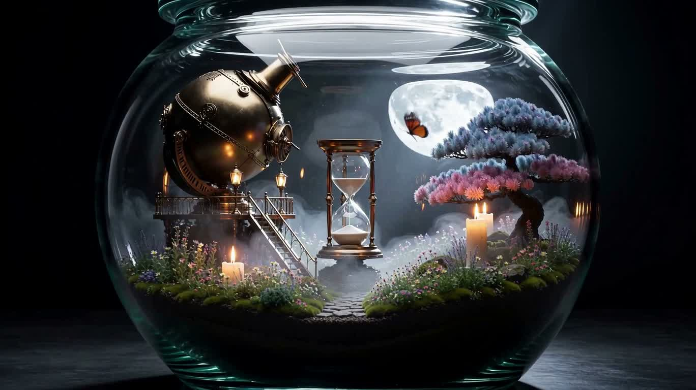 Observatoire steampunk dans une bouteille de verre — AI video creation