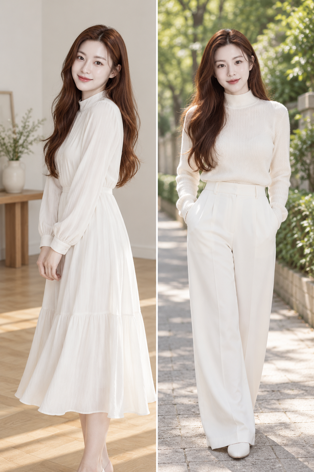 纯白极简双场景成年女性时尚肖像 — AI image creation
