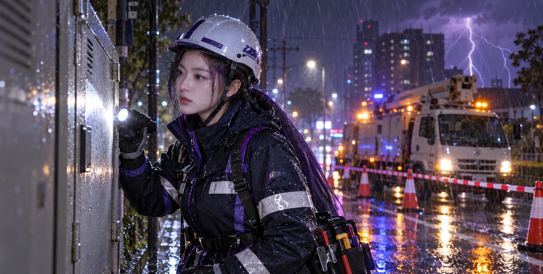 Realistic Power Line Repair Crew on a Stormy Night