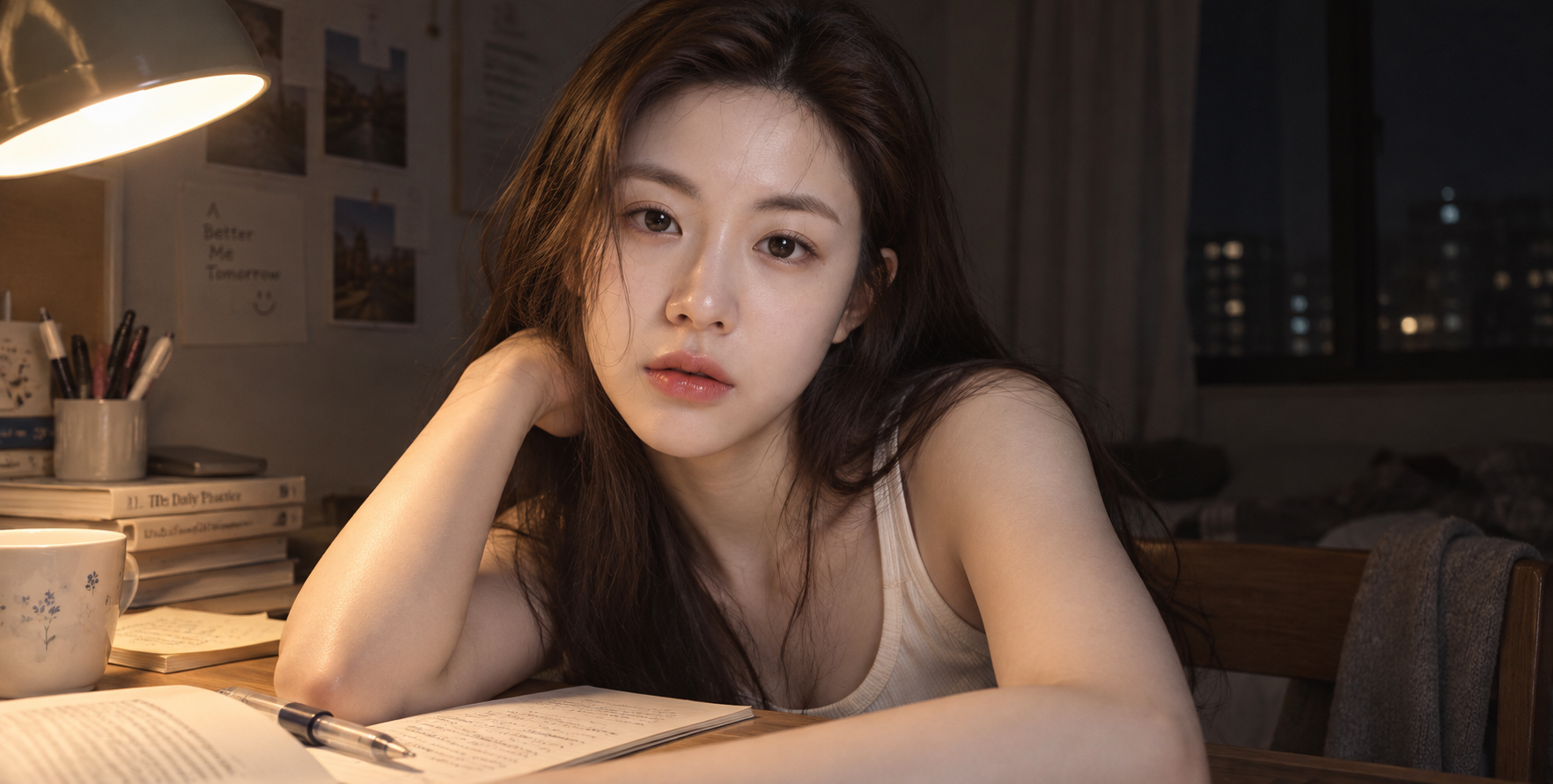 深夜书桌旁的疲惫东亚女性写实摄影 — AI image creation