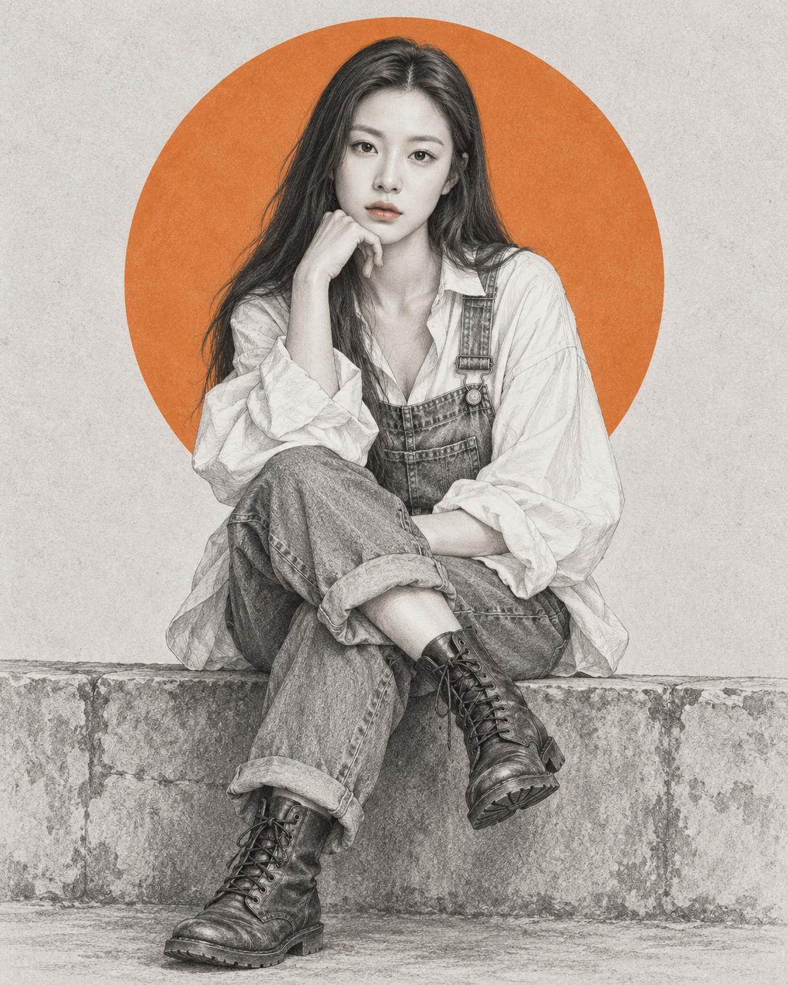 橙色几何圆形背景的成年女性铅笔时尚插画 — AI image creation