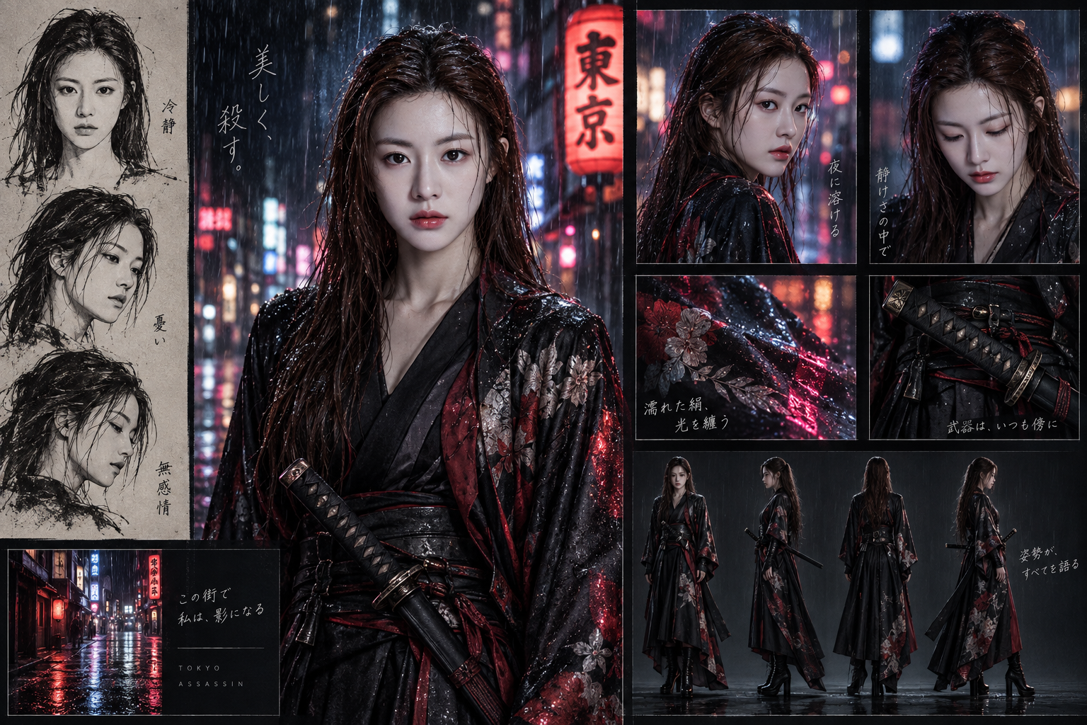 日本新黑色电影风女性刺客角色设定板 — AI image creation