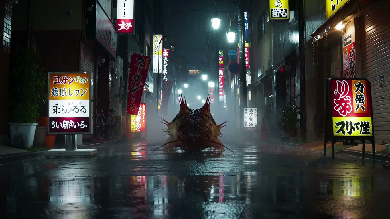 Giant Tardigrade on a Rainy Night in Osaka