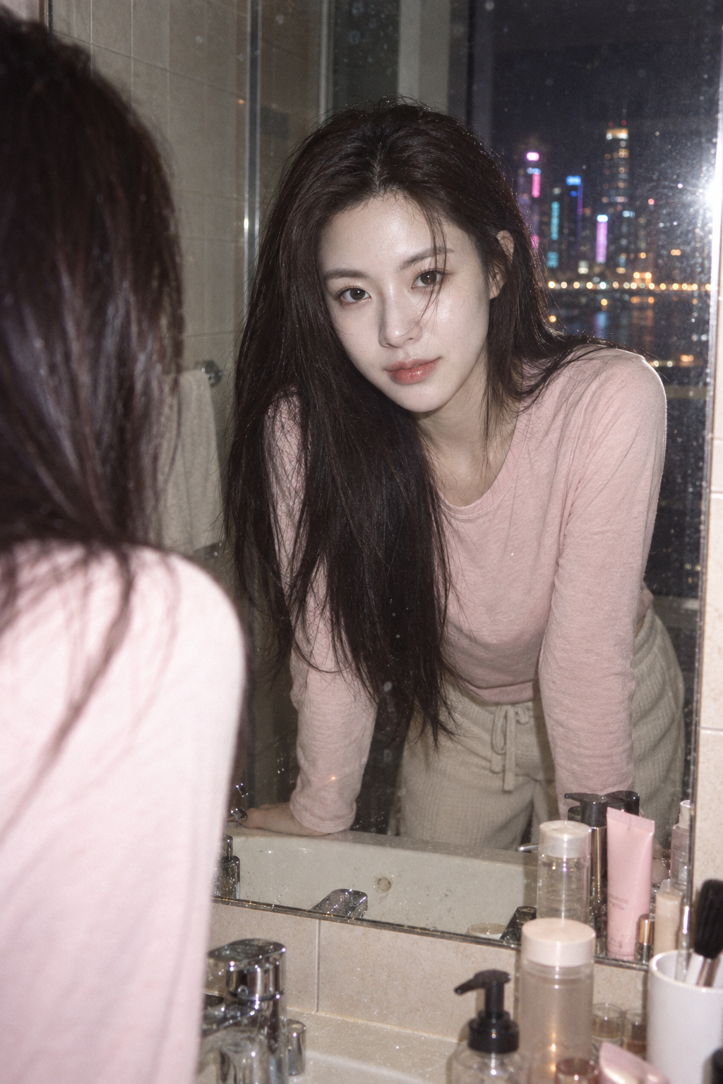 超真实浴室镜中35毫米胶片成年女性人像 — AI image creation