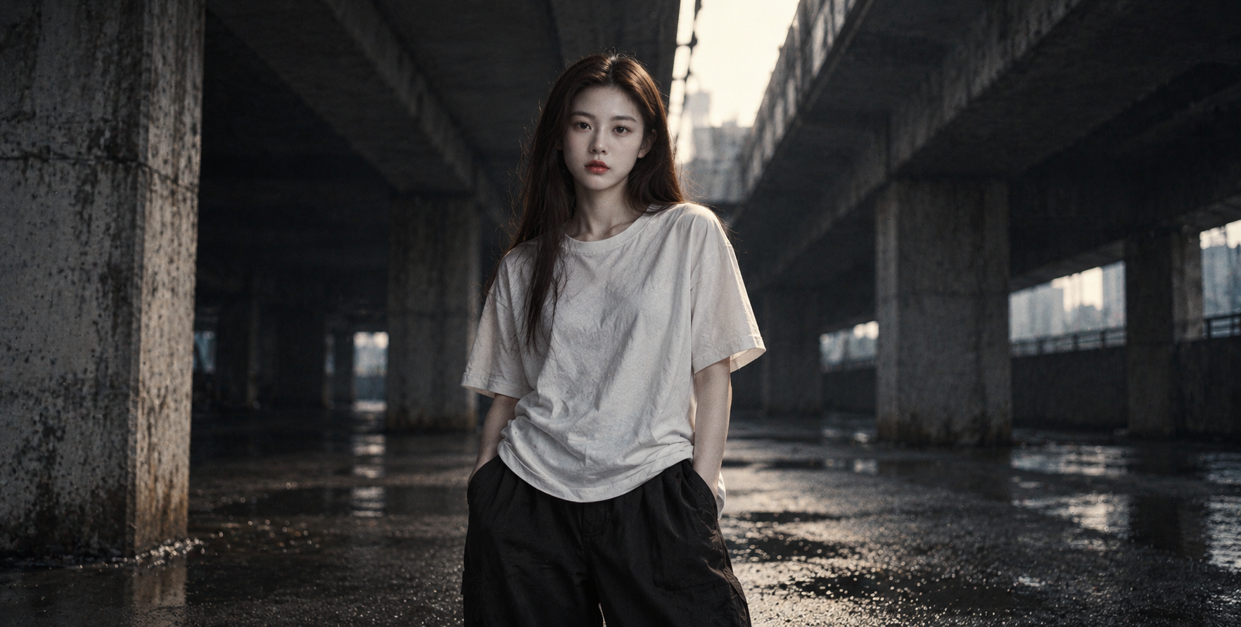 枯寂水泥桥下的胶片人像 — AI image creation