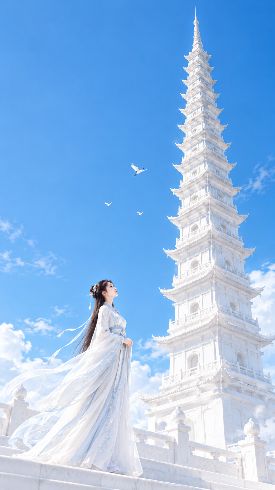 Minimalist Poster: Eastern Zen White Pagoda and Elegant Lady