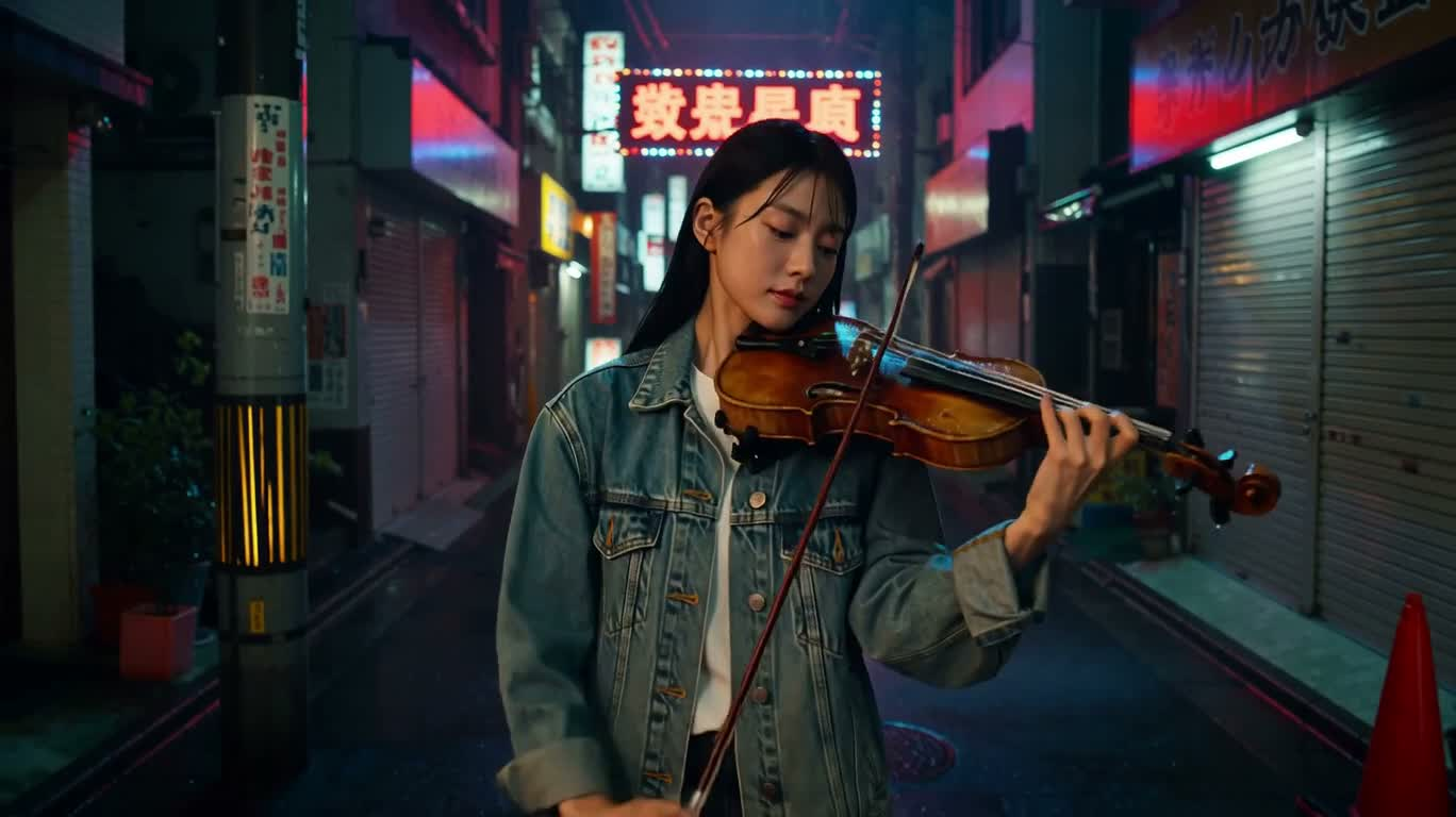 雨夜霓虹巷中的小提琴手 — AI video creation