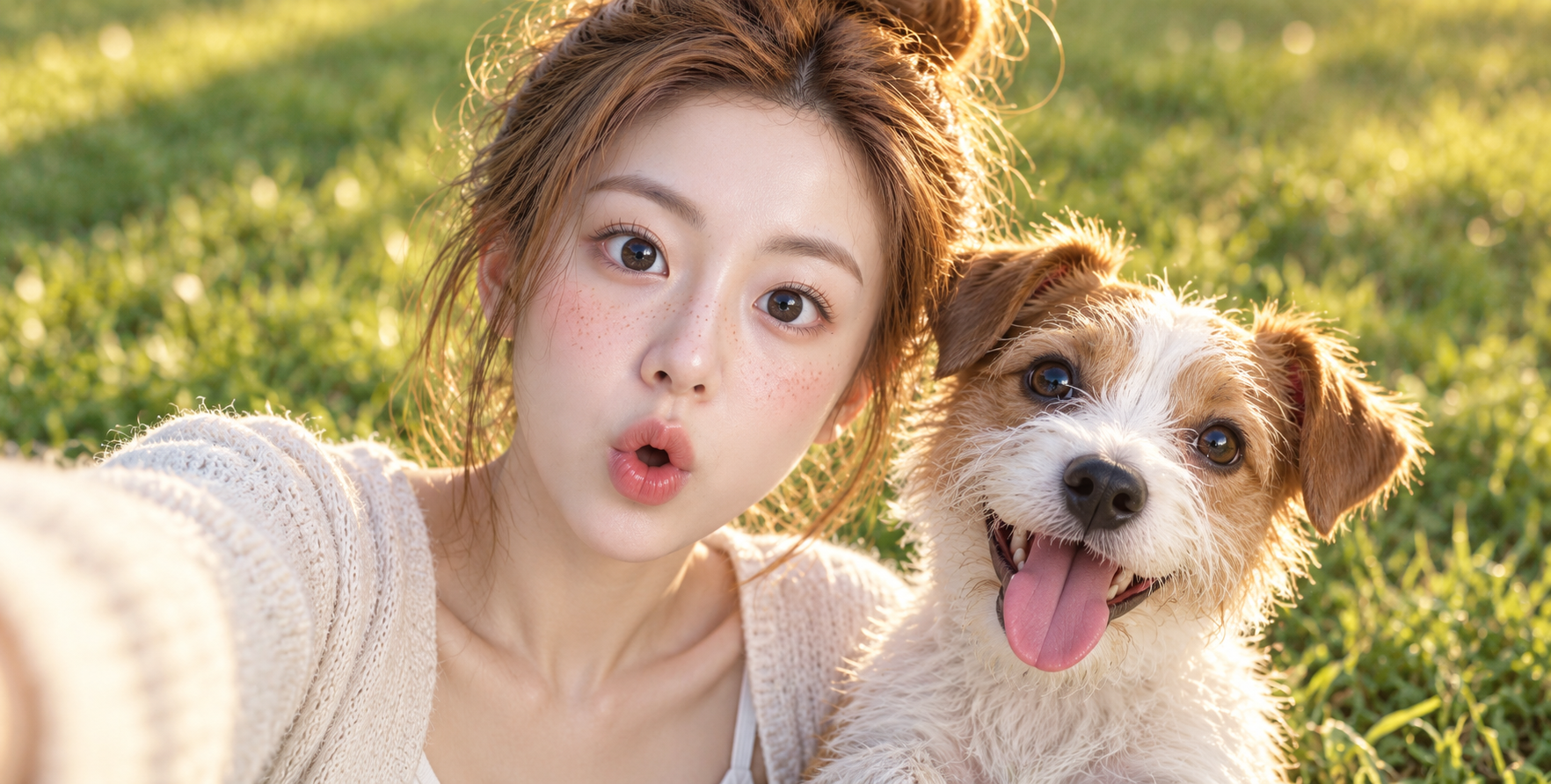 雀斑女孩与梗犬户外自拍