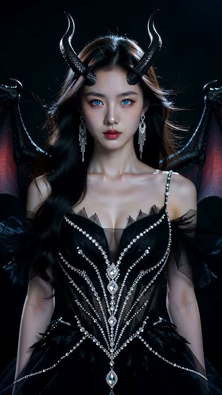 은 장식과 어두운 날개를 지닌 뿔 난 여인의 초상