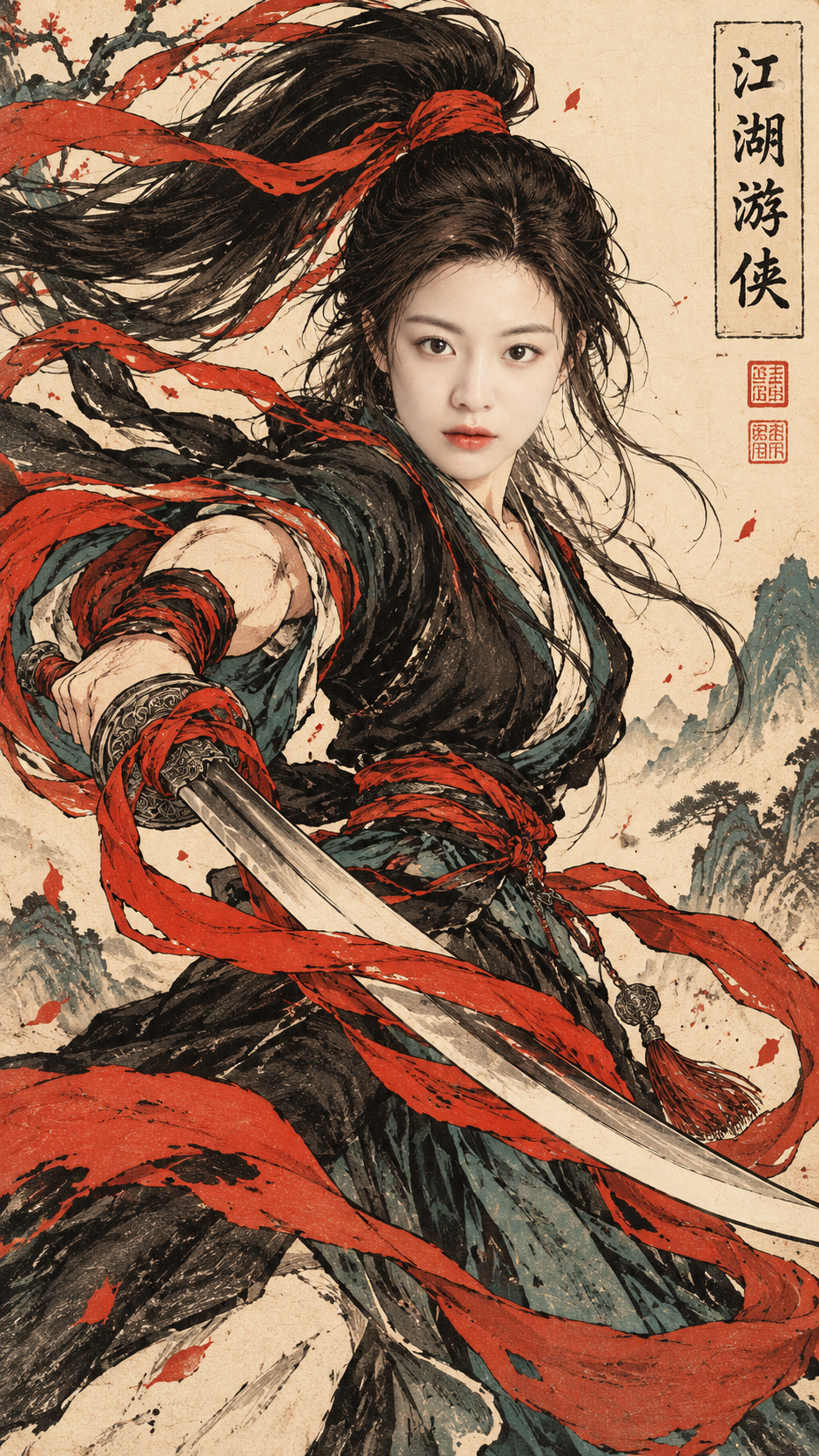 东方武侠浮世绘人物动态版画模板 — AI image creation
