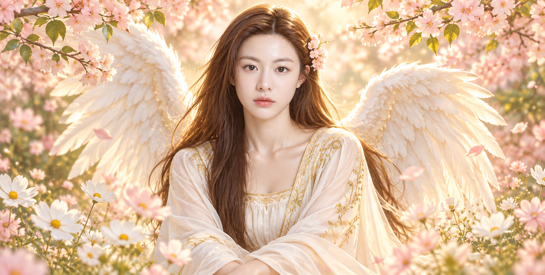花光环绕的守护天使静谧肖像 — AI image creation