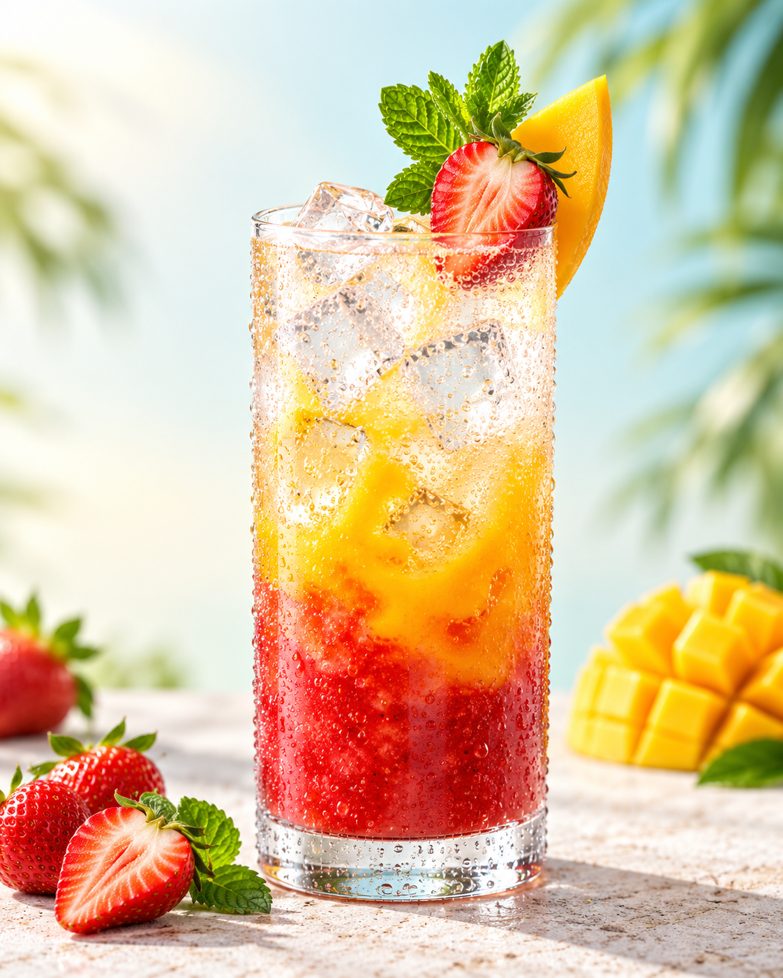 玻璃杯里的夏日草莓芒果清凉饮 — AI image creation