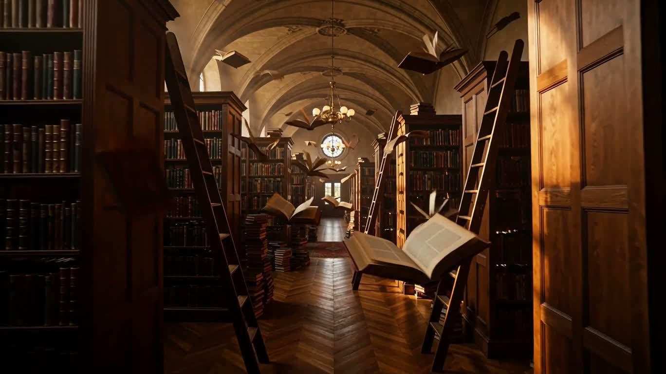 Парящие книги в янтарном свете