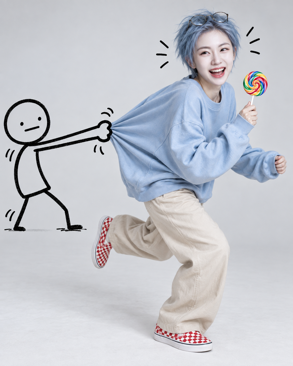 浅蓝短发女子与黑色涂鸦互动超写实摄影 — AI image creation