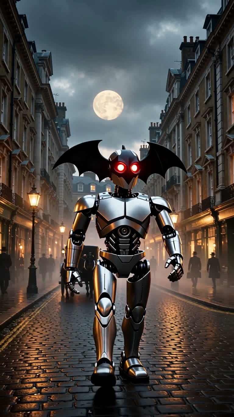 Đồ chơi robot dơi mắt phát sáng ở London thời Victoria — AI video creation