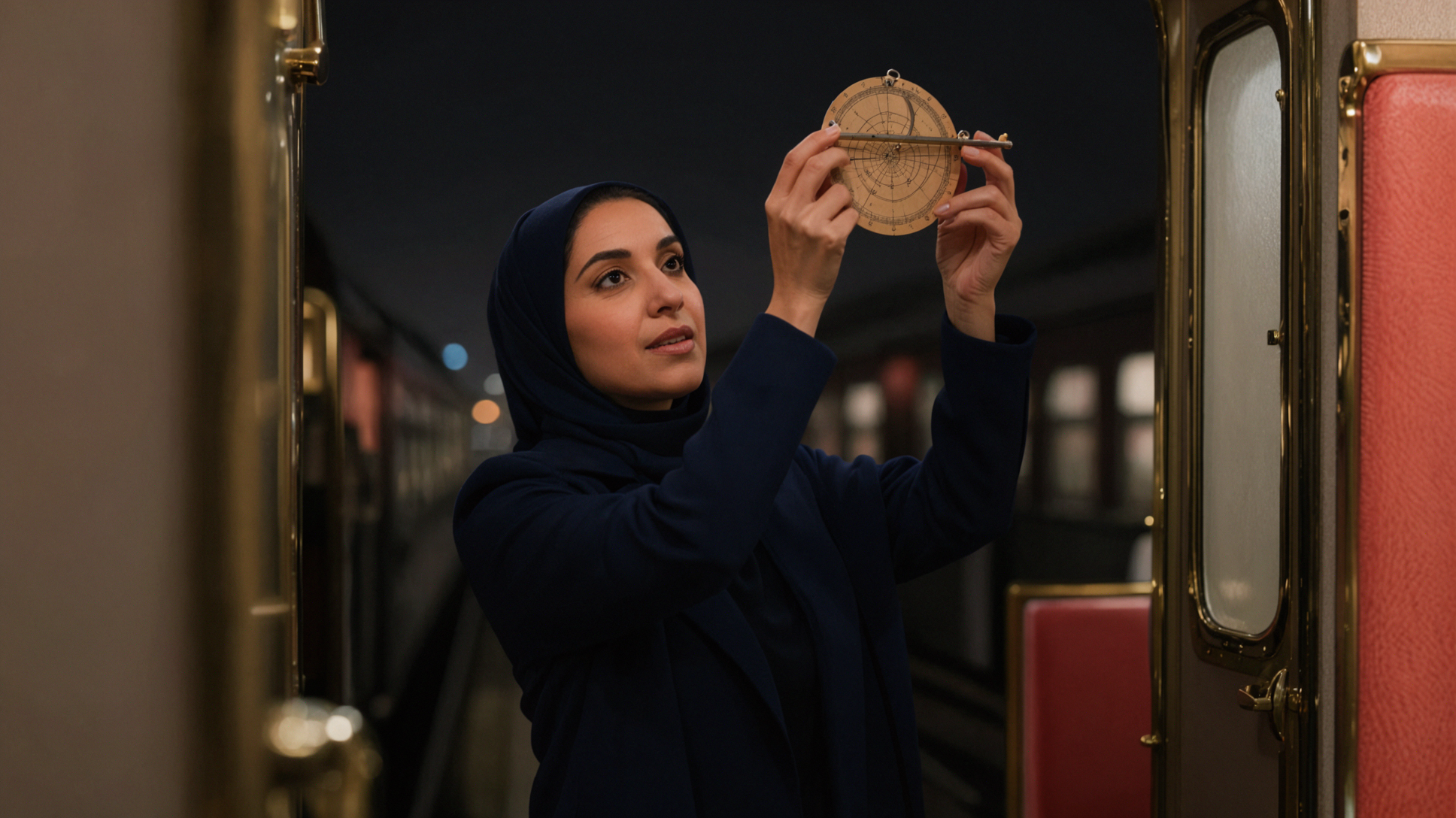 Adult Middle Eastern Woman Astronomer · Astrolabe Measurement · Telephoto Compression — AI image creation