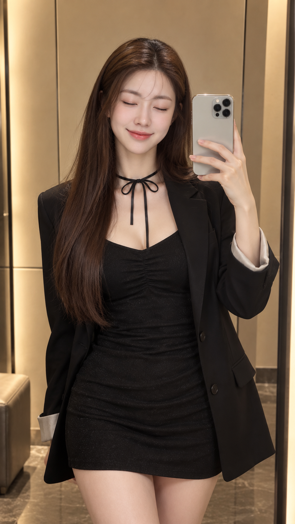 현대적인 탈의실에서 성인 여성의 거울 셀카