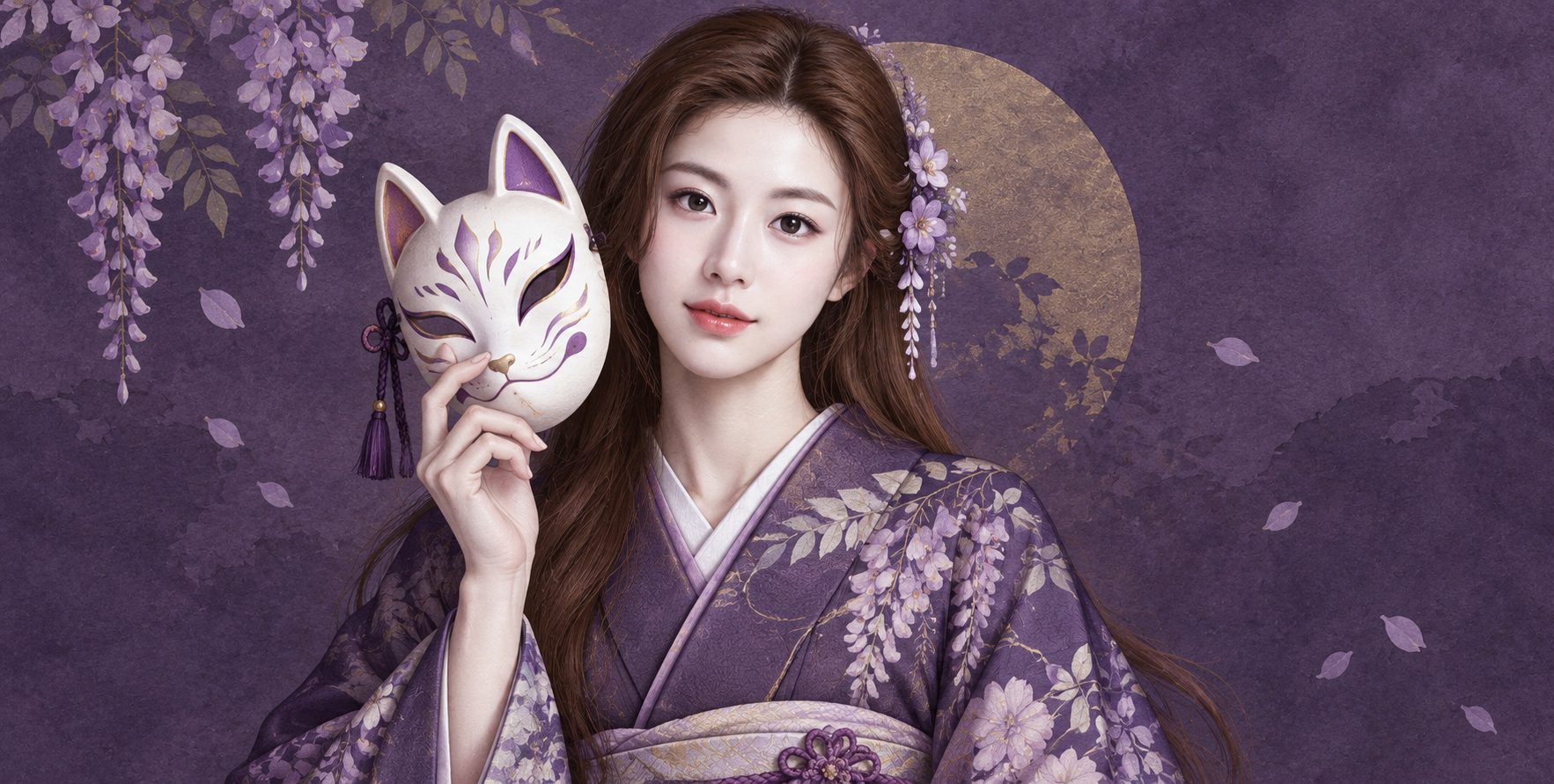 紫色和纸背景下手持白狐面具的日式成人肖像 — AI image creation