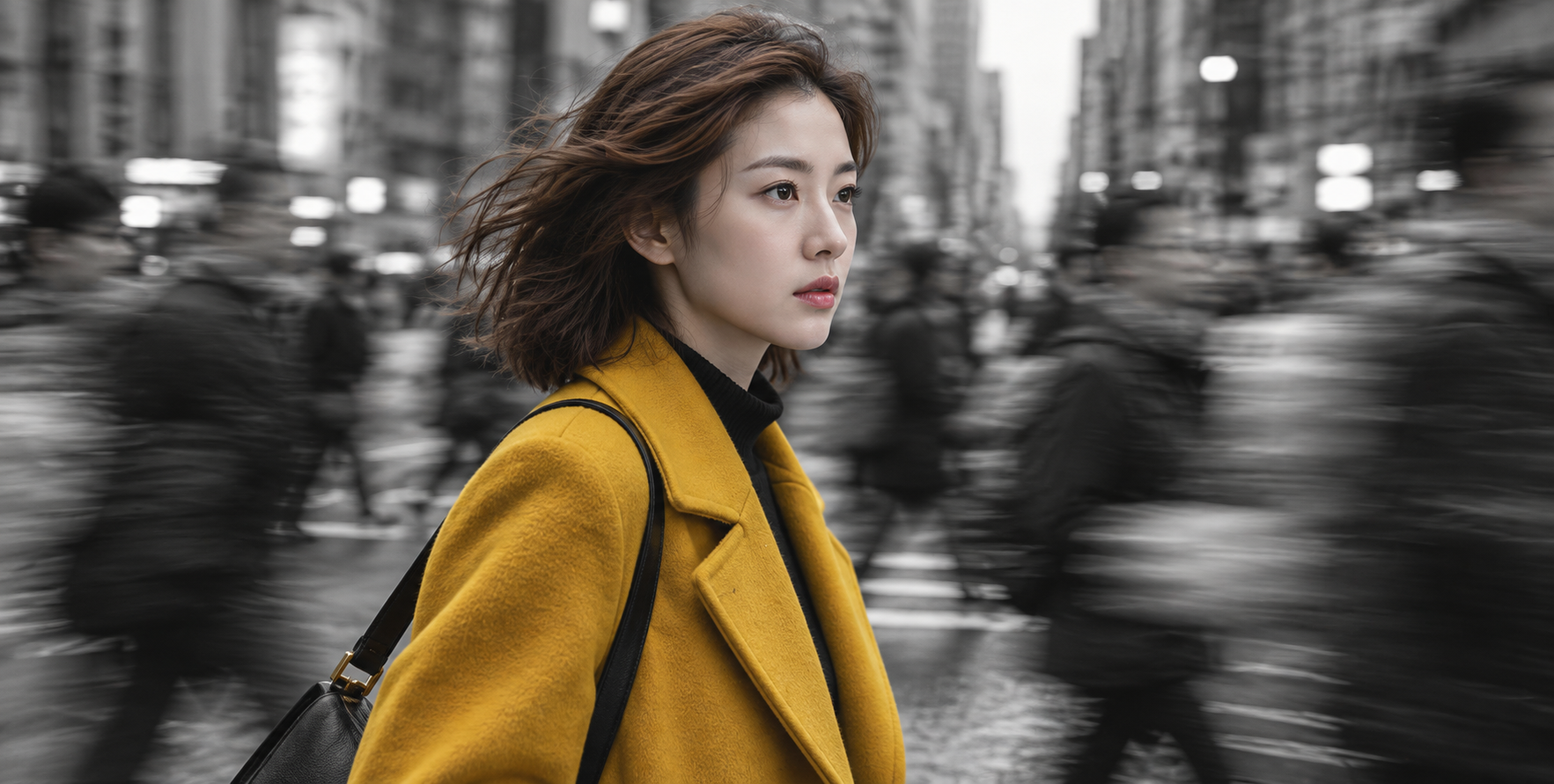 电影感黄色大衣都市人像 — AI image creation
