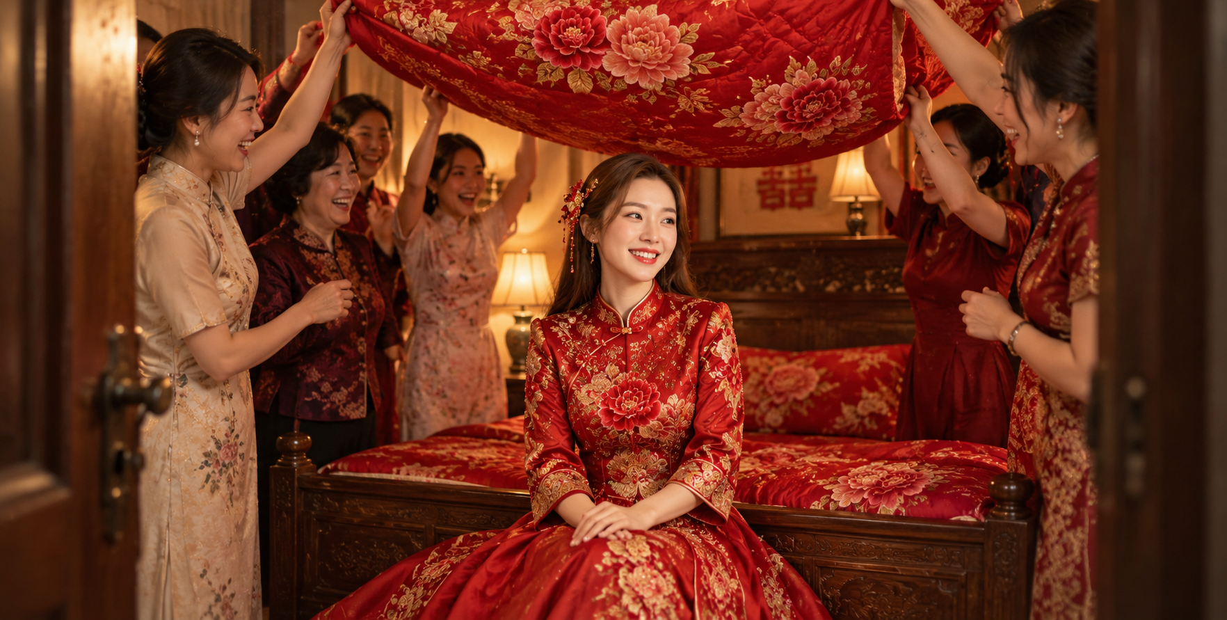 红色婚服与牡丹被的温暖婚礼纪实