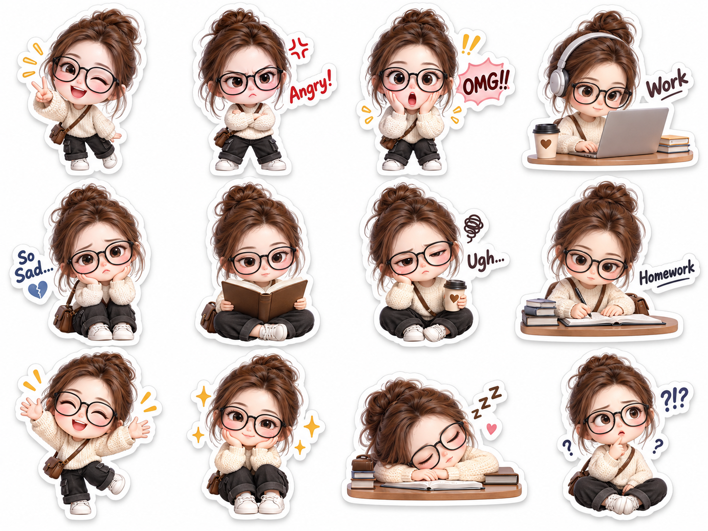 Trang nhãn dán biểu cảm cô gái chibi 3D