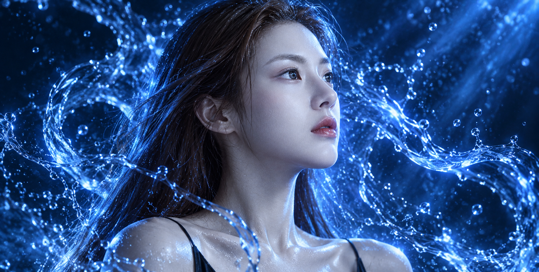 电光蓝液态能量环绕的超写实电影级侧颜 — AI image creation