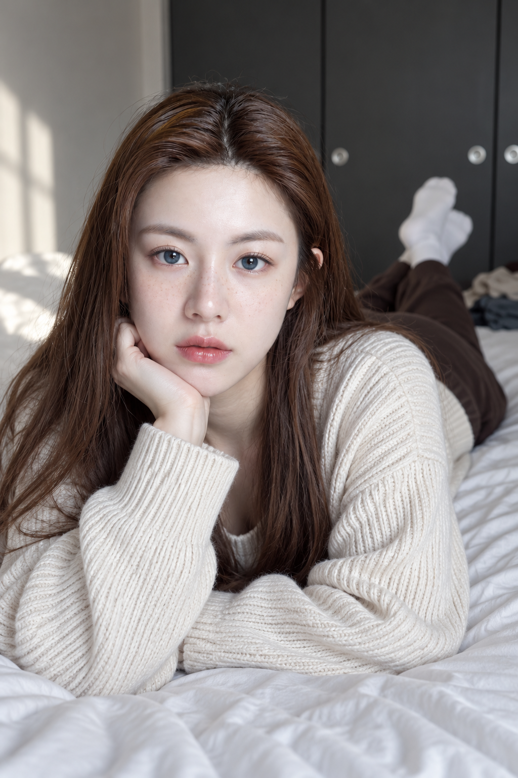 慵懒午后趴在床上的成年女性奶油色人像 — AI image creation
