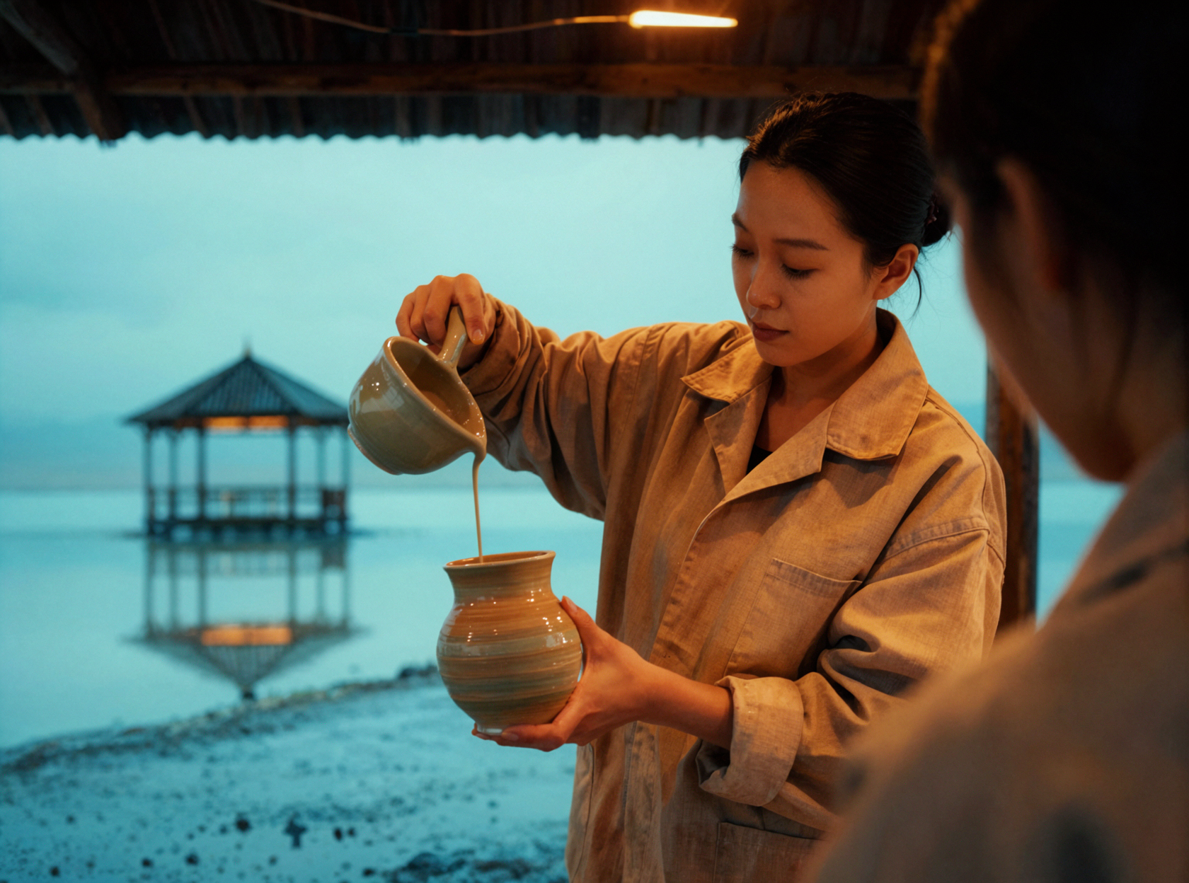 Céramiste est-asiatique adulte · Coulée d'émail · Nuit de pluie néon — AI image creation