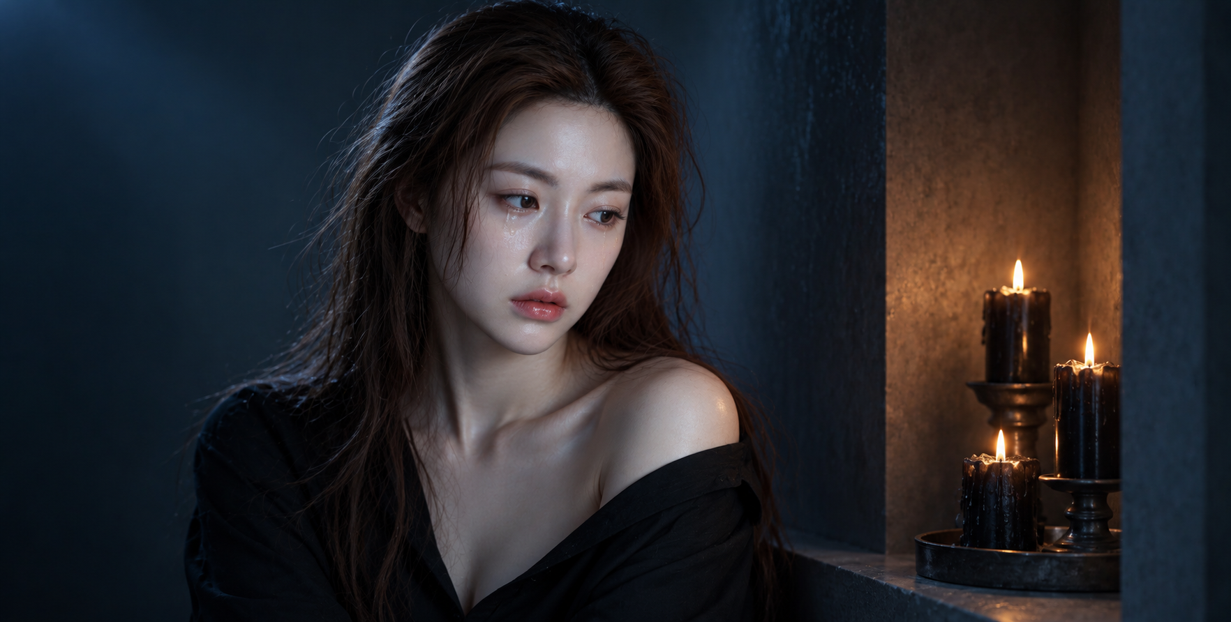 月光与黑烛意象下的成年女性忧郁肖像 — AI image creation