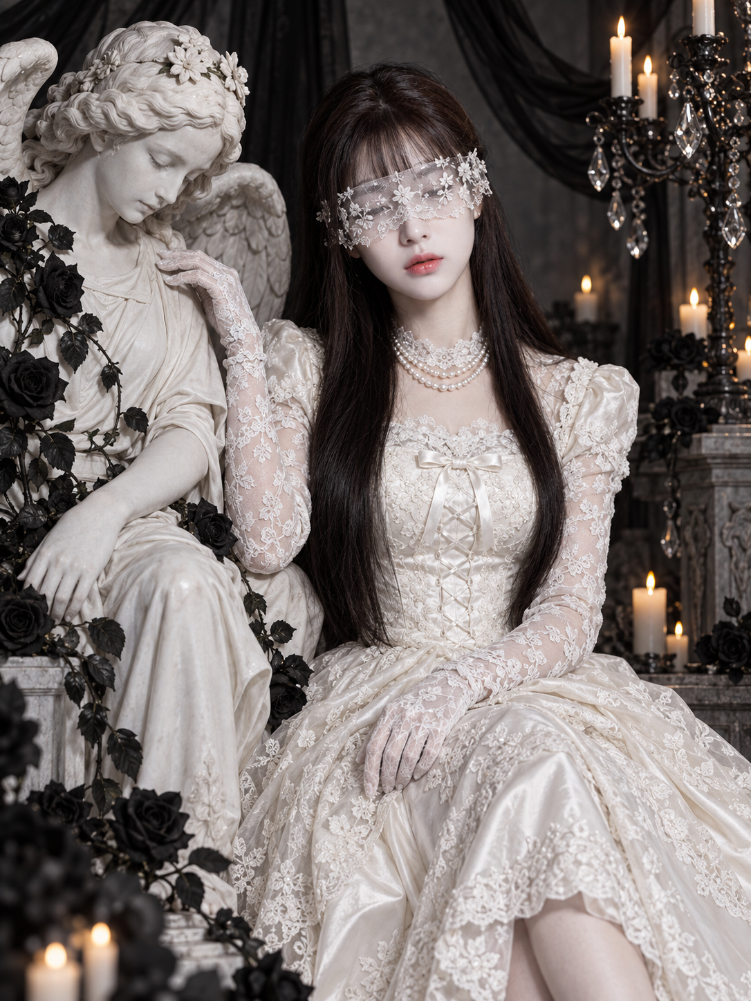 天使雕像旁黑白哥特婚纱成年女性肖像