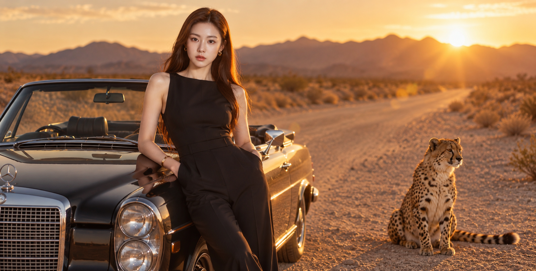金色沙漠公路上的复古敞篷车与猎豹 — AI image creation